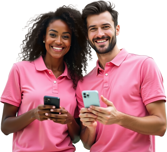 Two happy professionals in pink polo shirts holding phones